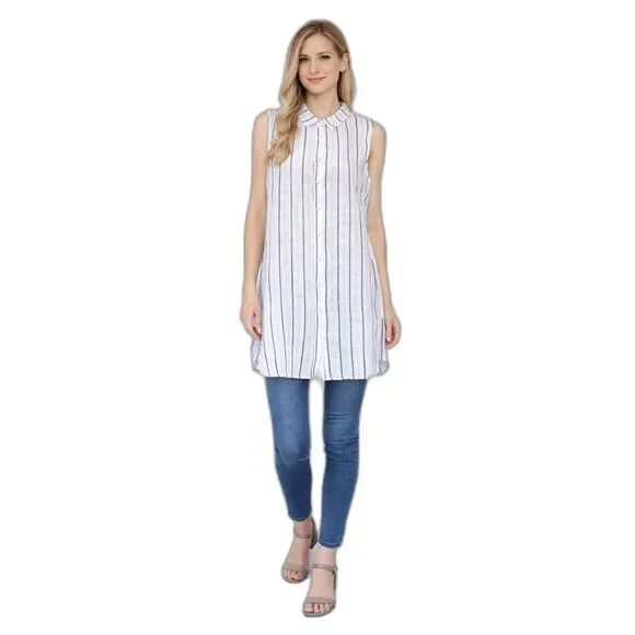 CP Shades Mara Linen Dress Size S Blue White Stripe Sleeveless Shirt Dress - Picture 12 of 12